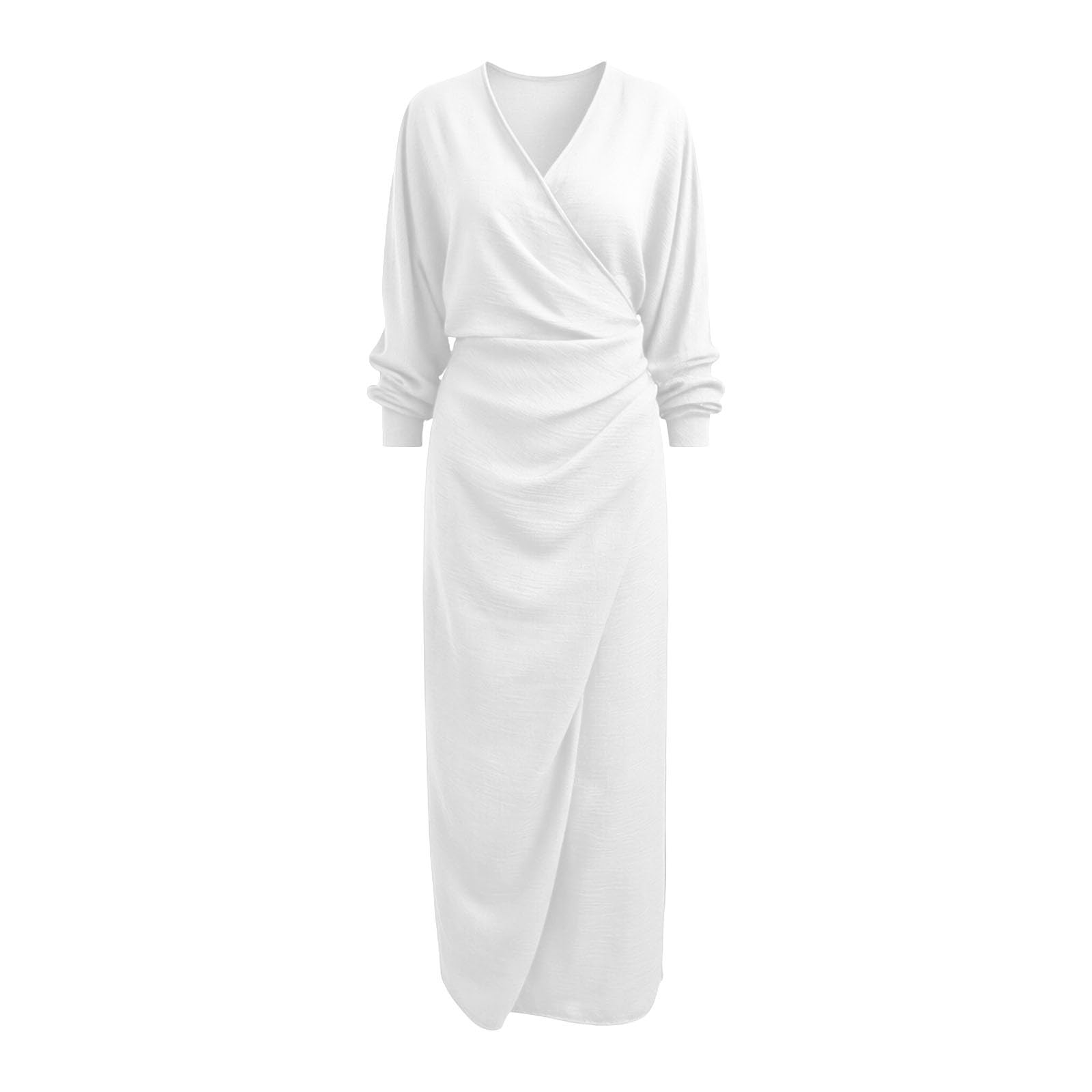 Vestido Extra Largo con Escote en V, Manga Larga, Volantes, cinturón, Abertura asimétrica, Elegante Vestido