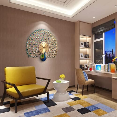 Image of Peacock European Style Luxury Living Room Analog Clock 3D Diamonds Non-Ticking Silent Creative Personality Metal Large Crystal Quartz Art Wall Decorative Clock (Blue Peacock Clock)