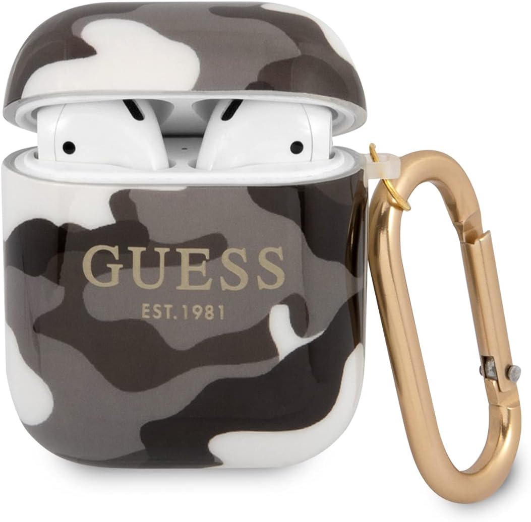 CG MOBILEGuess TPU Shinny Camouflage Case with Anti-Lost Ring Compatible for AirPods, Scratch & Drop Resistant Cover, Dustproof Protective Silicone Case Officially Licensed (AirPods Pro, Black)