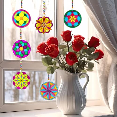 Ayhuhra 30 Sets Mandala Suncatchers Craft Kits Stained Glass DIY Window Paint Art Flower Suncatcher Kits for Spring Summer Party Activities Art Project Party Favors - Thumbnail 2