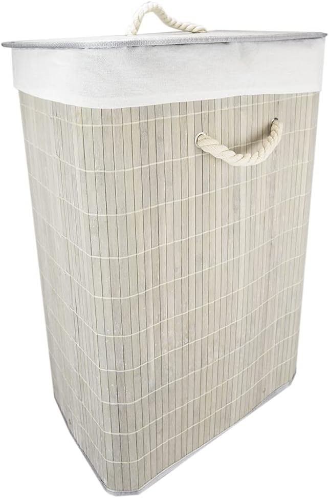 Home Basics Foldable Bamboo Laundry Basket Hamper (Rectangle, Grey)