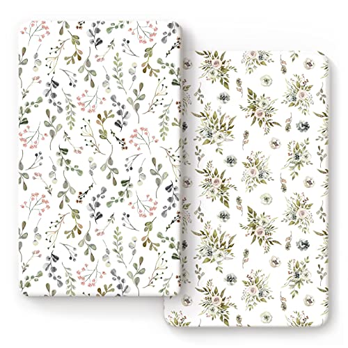 Grssder Stretchy Ultra Soft Jersey Knit Fitted Crib Sheets Set 2 Pack, Cozy Crib Sheet Fits All Standard Crib Mattress Pads, Stylish Watercolor Rose And Flora #TOP4