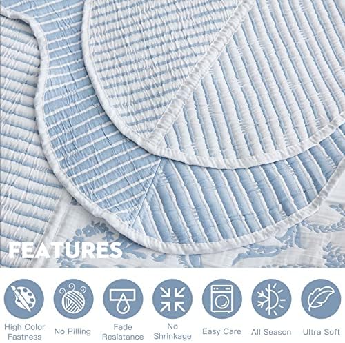 HZ & HY Oversized King Bedspread 128x120 Extra Wide, Jacquard Matelasse Damask Pattern Design, Lightweight, Reversible, 5 Piece, 100% Microfiber, King/Cal King, Wathet Blue