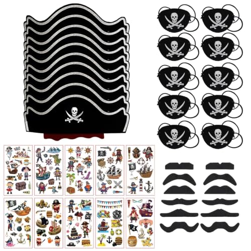 BDSHUNBF 10 Pcs Chapeaux de déguisement pour adultes - Chapeau de pirate et yeux bandés, Kit anniversaire pirate complet - Cache œil, tatouage et...