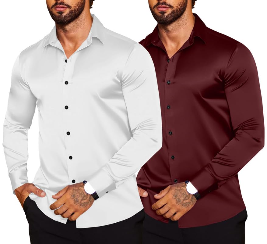 Image of Combo of Men's Premium Satin Cotton Shirt with Full Sleeves & Spread Collar | Smooth Finish | Slim Fit | Stylish Button Down Shirt for Evening, Casual Pack of 2