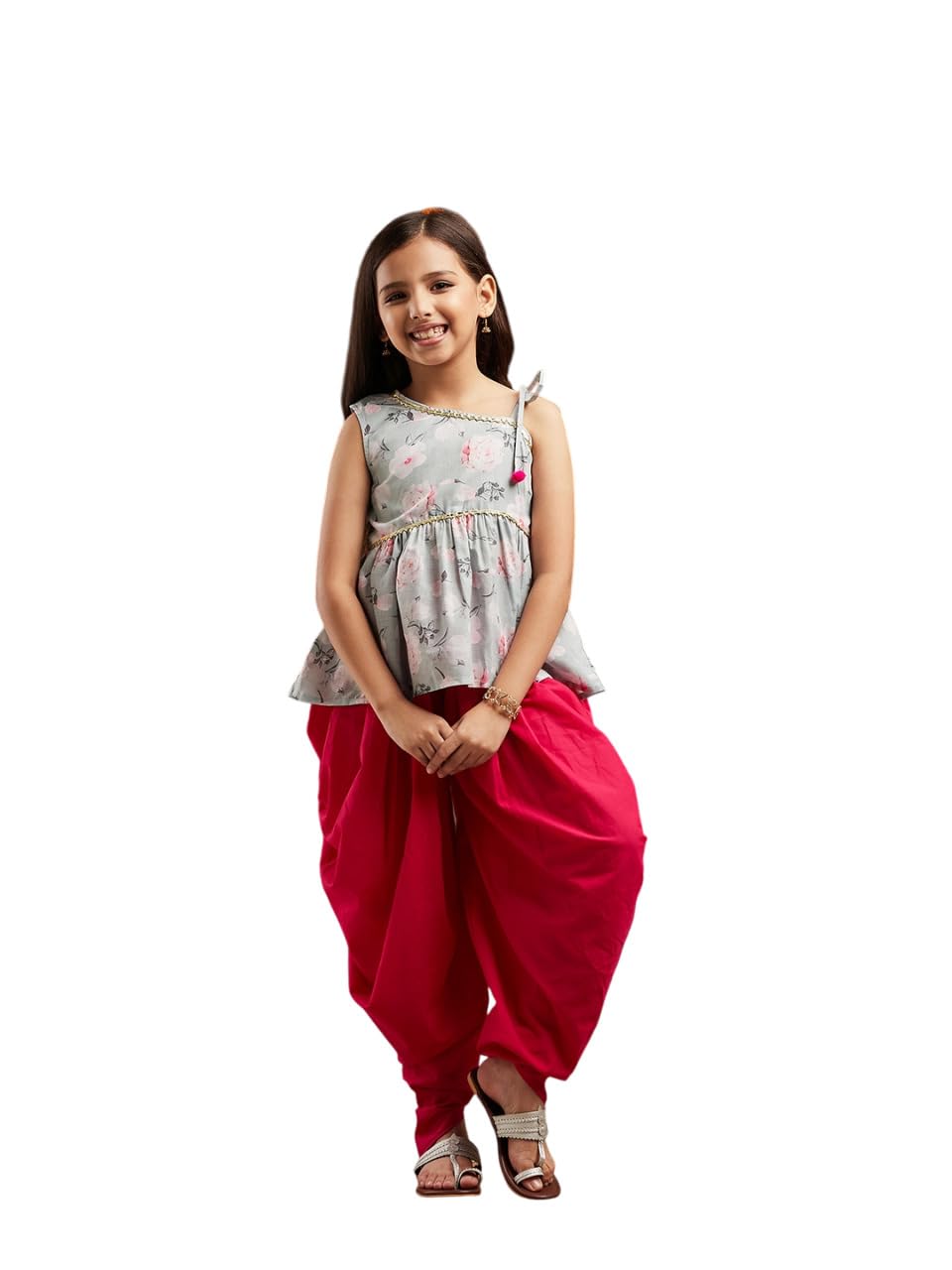 Pspeaches Girls Ethnic Motifs Printed U-Neck Georgette A-Line Kurti With Dhoti Pants