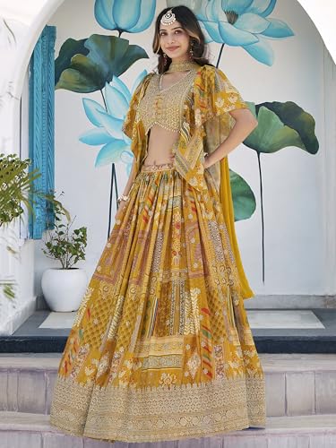 Image of Women's Digital Print With Zari Dori Embroidery Work Chinnon Silk Lehenga Choli With Dupatta (Women-Lehenga-Choli-New; Free size)