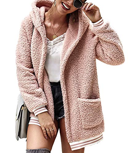 Jacket for Women Oversized Faux Fur Outwear with Pockets Coat Striped Fleece Fuzzy Cardigan Winter Pink
