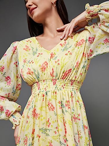 Image of Miss Chase Women Pleated V Neck Full Sleeves Relaxed Fit Midi Length Dress