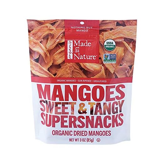 Made in Nature Organic Dried Mangoes, Non-GMO, Gluten Free, Unsulfured, Vegan Snack, 3oz (Pack of 1), Packaging May Vary
