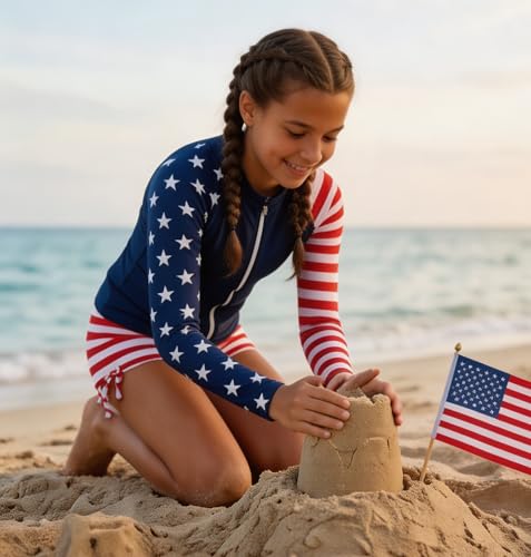 Image of Funnycokid Girls Swimsuit 3 Pieces Long Sleeve Rash Guard Zip Bathing Suits Teens Boyshort 3-14 Years