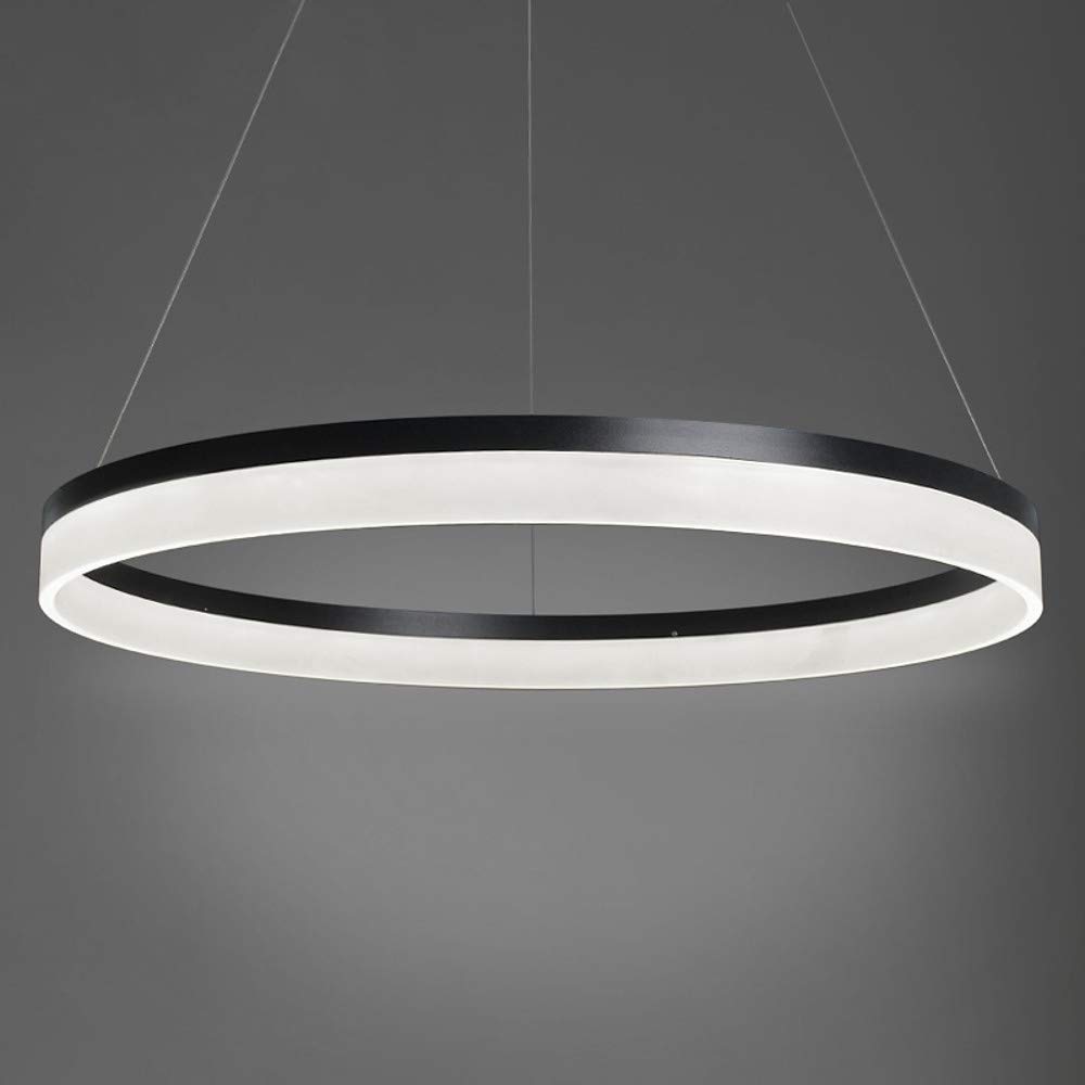 Single Circle LED Pendant Light Modern Metal Acrylic 1-Light Chandelier Adjustable Suspended Hanging Lamp for Living Room Bedroom,Black+SteplessDimming-60cm