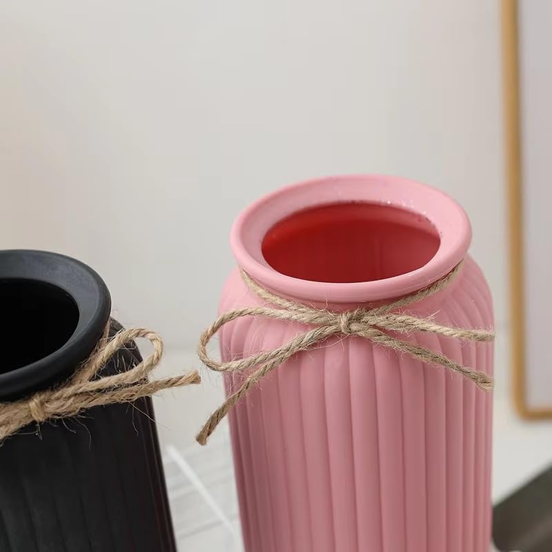 Image of Plastic Ribbed Decorative Vase with Jute Rope Top | Ceramic Look, Unbreakable Flower Pot for Centre Table, Balcony & Living Room Decor | Only Vase (No Flower) (Pink)