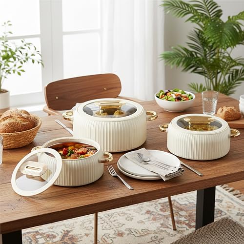 Image of CELLO Castella Deluxe Insulated Steel Casserole Case Set of 3 Pcs, Ivory (1000ml, 1500ml, 2500ml) | Airtight See Through Lid, Hot Pot Box Keeps Food Hot & Warm, Casserole Set for Roti Chapati Rice