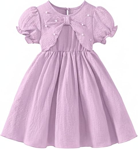 Niren Enterprise Girl's Cotton Frock Dress, Puff Half Sleeve, Bow Detail, Knee Length, Regular Fit, Button Down Closure, F...