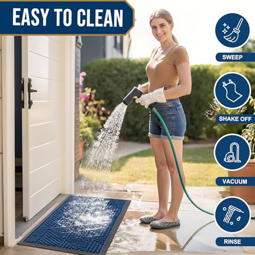 Image of Smiry Front Door Mat Outside Entrance, Low Profile Rubber Doormat, 29.5x17 | Irregular Triangle, Medium Blue, Sturdy Heavy Duty Mat Trap Dirt and Moisture, Easy Clean for Indoor Outdoor Entry