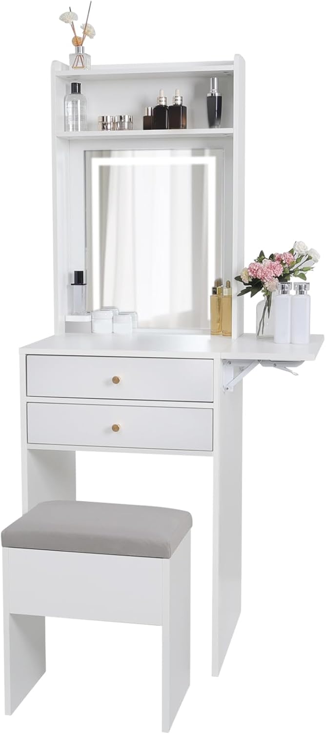 White Compact Vanity Desk Set with Adjustable Mirror and Storage Bench