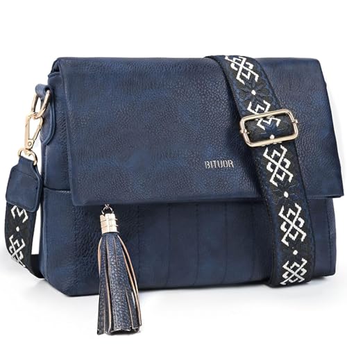 BITUOR Women's Cross Body Bags, Crossbody Bags for Women With Flap Lock Closure Fashion Tassel Decoration Zipper Shoulder Handbags With Adjustable Wide Strap Navy Blue