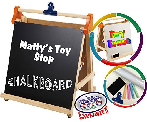 Matty's Toy Stop Deluxe 3-In-1 Wooden Tabletop Easel With Blackboard, Dry Erase, Paper Roll, Paper Clip & Accessories #TOP1