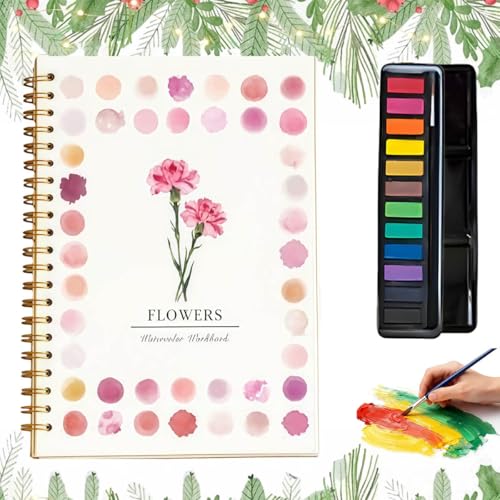 Aquarell-Arbeitsbuch, Aquarellfarben Arbeitsbuch Enthält 12 Szenen Im Gleichen Stil, Malbuch für Erwachsene Anfänger, Kunsthandwerk für kreative Erkundung, Geschenk für Frau (Blumen)