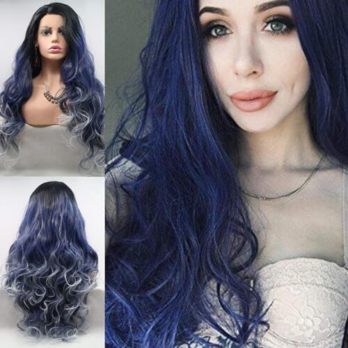 AFBeauty Blue Lace Front Wigs for Black Women Long Wavy Black Blue White Ombre Lace Front Synthetic Wig Pre Plucked Natural Hairline Glueless Heat Resistant Fiber Real Hair Wig Cosplay Wigs 24 Inch