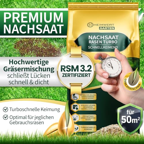 Heimwert Rasensamen schnellkeimend Turbo Nachsaat Grassamen schnellkeimend nach original RSM 3.2 Empfehlung aus hochwertigster Gräser Mischung - 1kg Sport und Spiel Rasen für 50 m2 - Made in Germany
