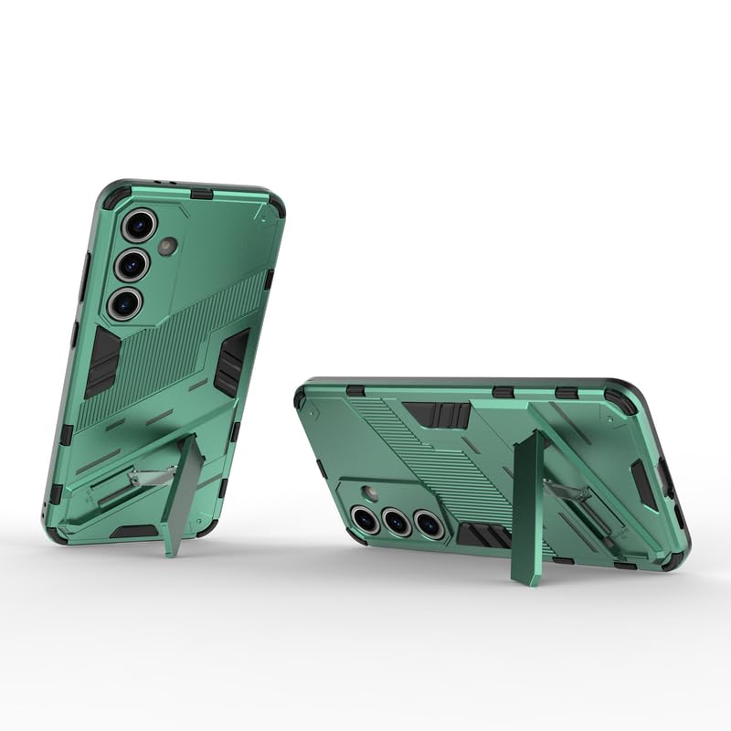 Image of Casodon Rugged Hard Back Case Cover for Samsung Galaxy S24 FE - Military-Grade Armor with Screen & Camera Guard, Dual-Layer Shockproof Design, Raised Edges, and Built-in Kickstand - Emerald Green