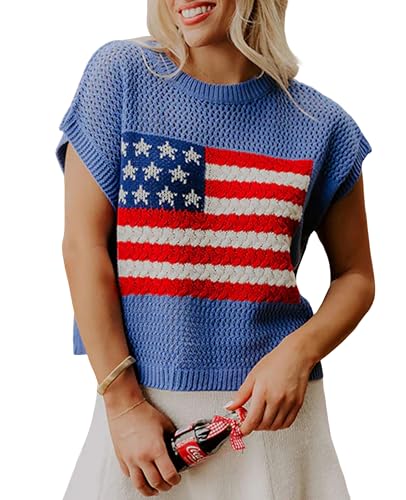 SELINK Womens Summer Crochet Tops Hollow Out Cap Sleeve American Flag Crew Neck Graphic Pullover Sweater Sky Blue-XL