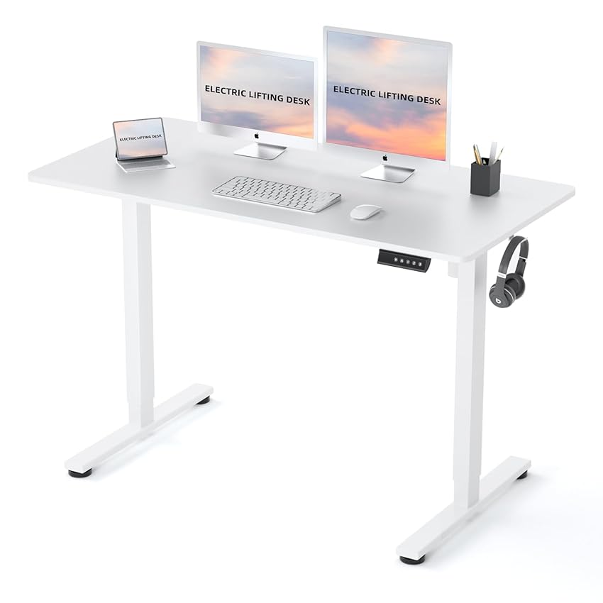 EarthyHome Scrivania regolabile in altezza, Scrivania, 120x60 cm, funzione di memoria a tre posizioni, completa di sistema di gestione dei cavi e gancio, scrivania salvaspazio.