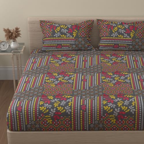 Image of Huesland by Ahmedabad Cotton 144 TC Cotton Elastic Fitted Bedsheet King Size with 2 Pillow Covers | 72 x 78 inches