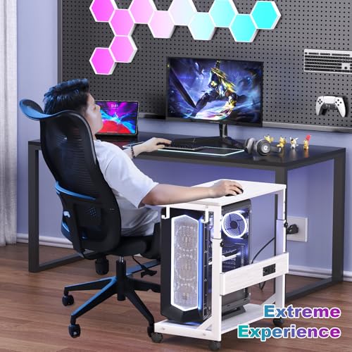 Hovadova Height Adjustable Computer Tower Stand with Charge Station and USB Charging Port, 2-Tier ATX-Case Cart, Under Desk Mobile PC Stand, CPU Holder Cart with Locking Caster Wheels for Fits Most PC