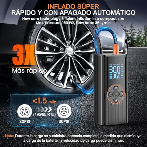 Compresor Aire Portátil 8000mAh, 150PSI Inflador Ruedas Coche, Inflador Eléctrico con Doble Alimentación Recargable, Pantalla Digital y Luz LED, Apagado Automático, para Coche, Moto, Bicicleta, Pelota - imagen 2