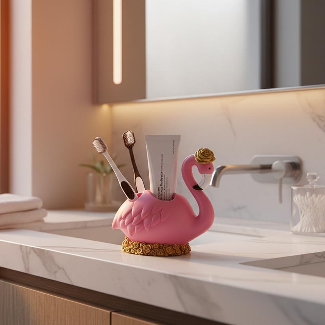 6-inch Pink Flamingo Toothbrush Holder - Heart Design Bathroom Organizer for Toothbrush/Paste/Razor, Hygienic Resin Decor with Matching Accessories
