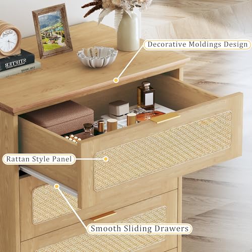 Image of HUAHUU 6 Drawer Dresser for Bedroom, 50 Inch Tall Dressers & Rattan Chest of Drawers, Boho Style, Wood Modern Dressers Organizer for Bedroom, Living Room, Hallway, Entryway, Oak