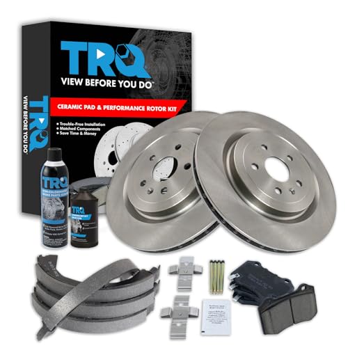 Image of TRQ Rear Brake Pad & Rotor Kit, with Chemical Kit Parking Brake Shoe Set Ceramic Compatible with 2009-2015 Cadillac CTS 2010-2015 Chevrolet Camaro