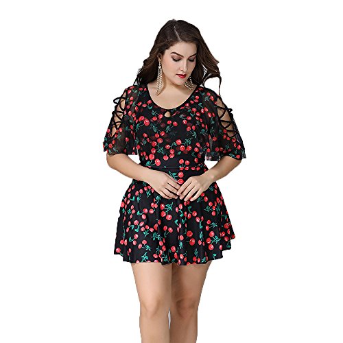 Wellwits Women s Plus Size Crisscross Flutter Sleeves Cherry Print Swimdress XL