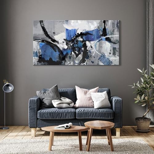 Image of Abstract Canvas Wall Art: Large Wall Art Paintings for Living Room, Modern, Framed Artwork in Blue and Black -Bedroom, and Office Decorations for Work - Pictures for a Stylish Wall Decor