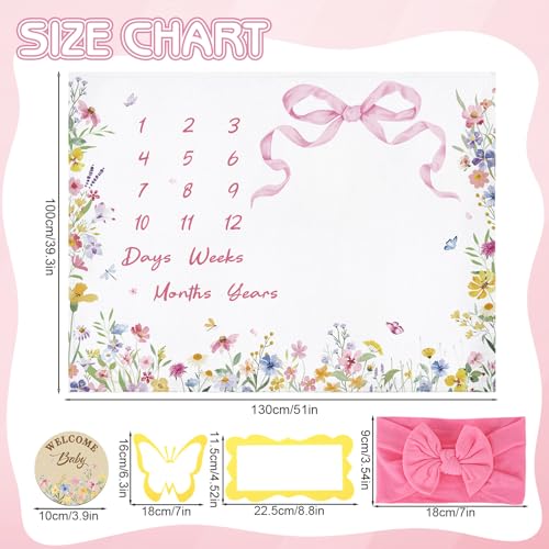 Image of Floral Baby Monthly Milestone Blanket for Girls Flannel Blanket Newborn Infant Swaddle Baby Growth Blanket Photography Background with Wooden Signs,Frames,Headband