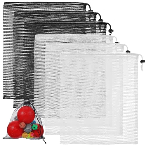 8 Pcs Nylon Mesh Golf Ball Bag 2 Sizes Mesh Bags Drawstring with Lock Pool Beach Ball Toys Storage Bag Multipurpose Sports Equipment Organizer Sack for Collecting Travel Sports Gym (White & Black)