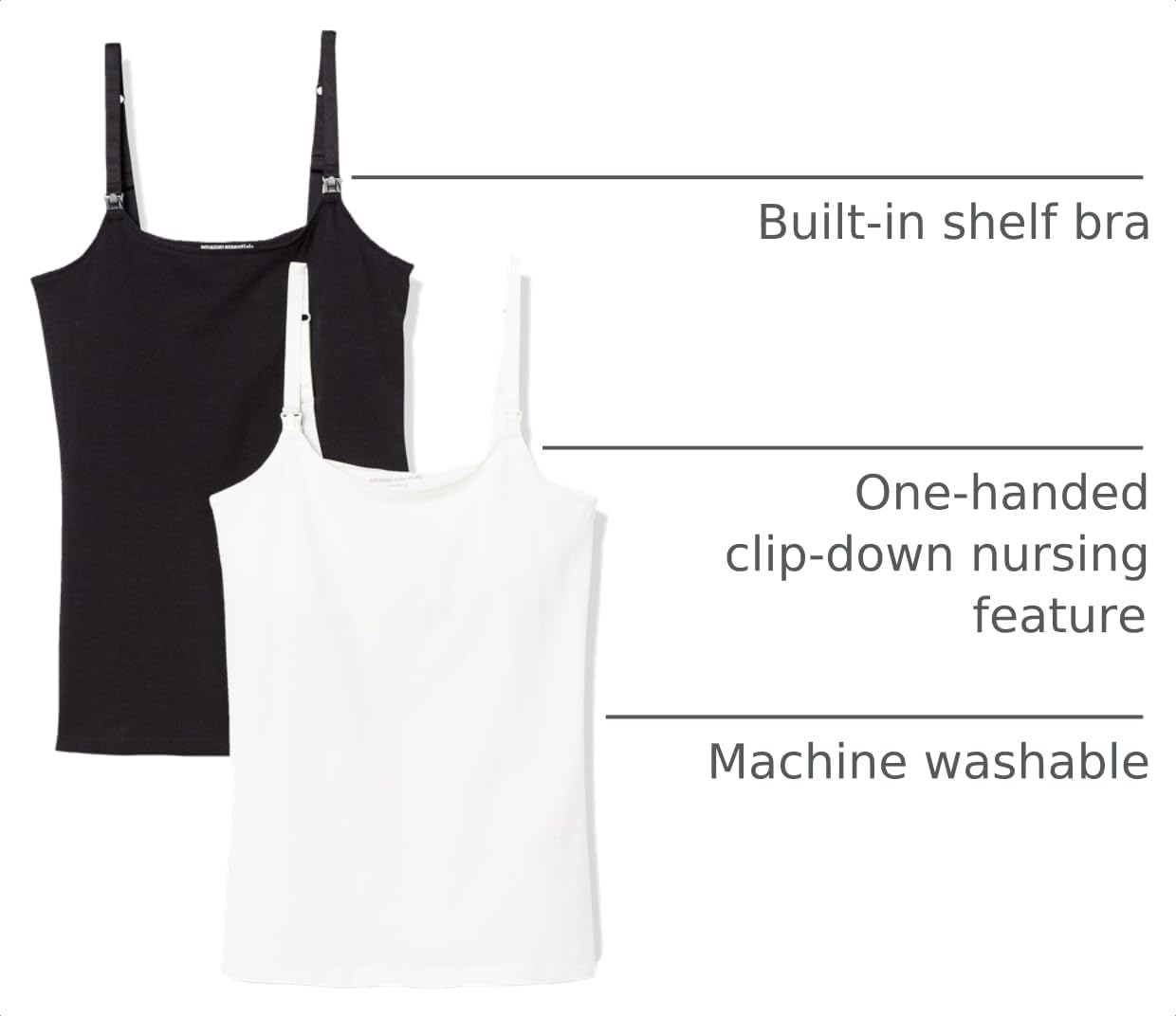Amazon Essentials Women's Maternity Nursing Camisole with Adjustable Straps and Built-in Shelf Bra, Pack of 2