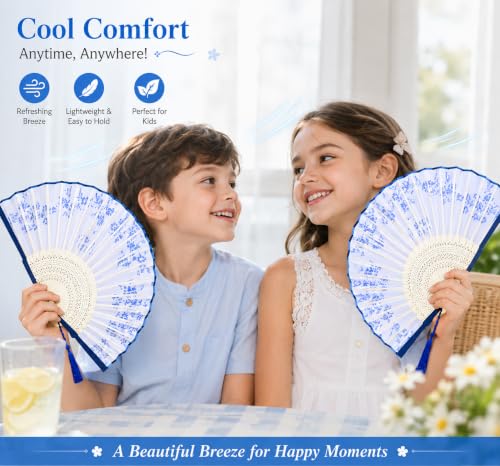 Image of 2 Pcs Hand Fan Manual, Japanese Fan, Chinese Fan for Hand Paper Fans for Decoration for Dancing Cosplay Wedding Party Props Decoration, White and Blue, 10 cm
