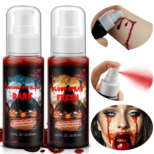 Kit de Maquillaje de Sangre Falsa, 2 Pcs Halloween Accesorios de Sangre Realistas, Spray de Sangre Falsa para Ropa,Boca,Ojos,Nariz, Sangrado, Efectos Especiales Kit para Cosplay Zombie Vampire Party