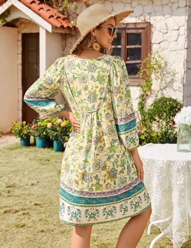 Image of Bluetime Women Casual Summer Dress Boho V Neck 3 /4 Sleeve Babydoll Floral Print Flowy Beach Dress
