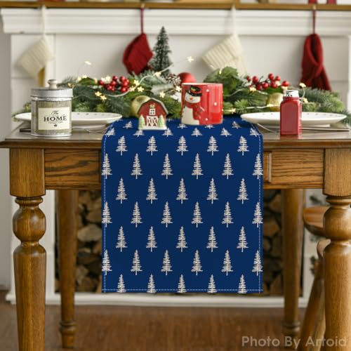 Image of Artoid Mode Blue Xmas Tree Christmas Table Runner, Seasonal Winter Kitchen Dining Table Decoration for Home Party Decor 13x72 Inch
