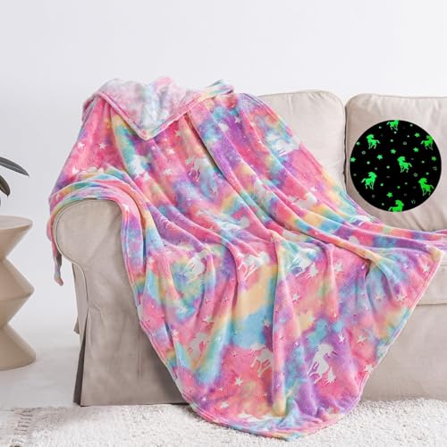 Wajade Einhorn Decke Kinder Kuscheldecke Geschenk für Mädchen Glow in The Dark Kuscheldecke Geschenk für 3 4 5 6 7 8 9 10 11 12 13 Jahre Geburtstag Gute Einhorn 130 * 150