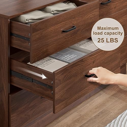 Bigbiglife 6 Drawer Wood Dresser, Wide Chest of Drawers, Bedroom Furniture, Clothes Storage and Organizer, 15.8\" D x 47.2\" W x 27.7\" H, Walnut Brown - Thumbnail 5
