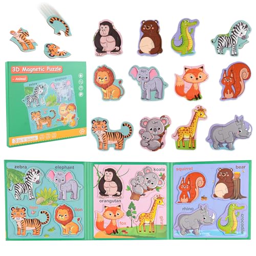 Image of ASTARON 3D Magnetic Animal Puzzle with 60 Puffy Stickers for Toddlers, 41 Pieces Puzzles Preschool Education Learning Travel Toys Car Plane Activities for Kids Road Trip Birthday Gifts | Folding puzzle, includes 3 bubble stickers, puzzle pieces with words, learn while playing, easy to store, educational toy
