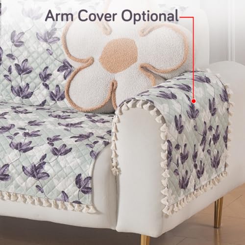 Image of HOKIPO Lavender Vine Quilted Sofa Cover with Tassels 3 Seater for Seat & Back, (152x175 cm), 'Tassel Twigs' Series (IN-991-T1)