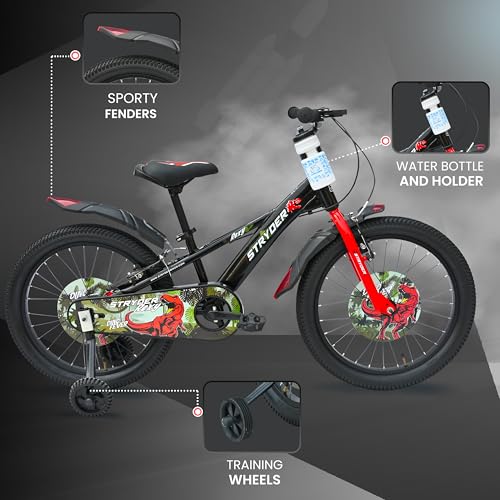 Image of Stryder Rexy 20T BMX Cycle for Kids (Unisex) - Steel Frame (9-Inch) | V-Brakes | Nylon Tires | Training Wheels | Sporty Design for Boys & Girls (Age Range: 7-13 Years) (Black)