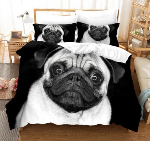 Housse de Couette 220x240 Bouledogue Noir avec 2 Taies d'Oreiller en Microfibre Douce 110g
